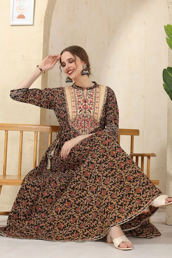 Black_Cotton_Paisely_Print_Anarkali_With_Embroidery_Yoke_and_Tussles