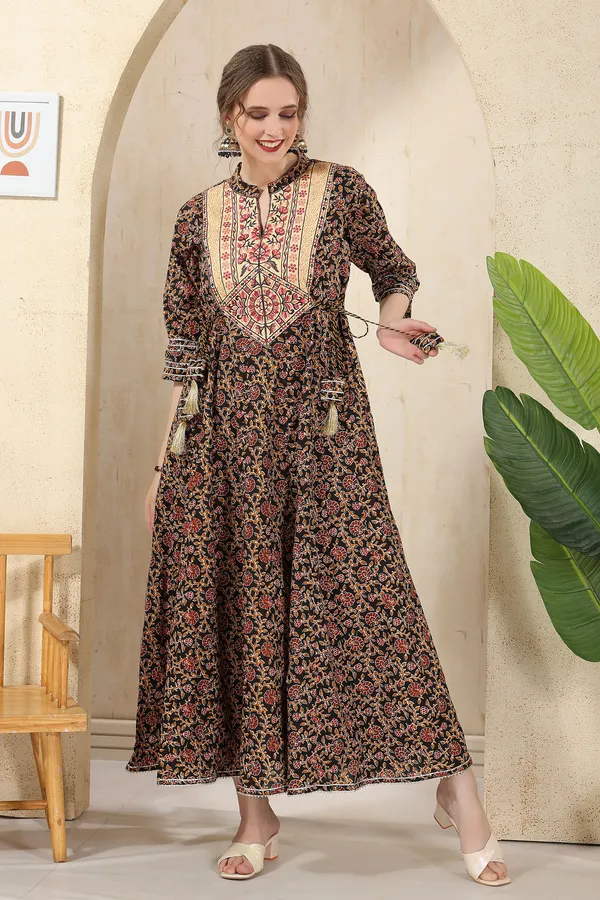 Black_Cotton_Paisely_Print_Anarkali_With_Embroidery_Yoke_and_Tussles
