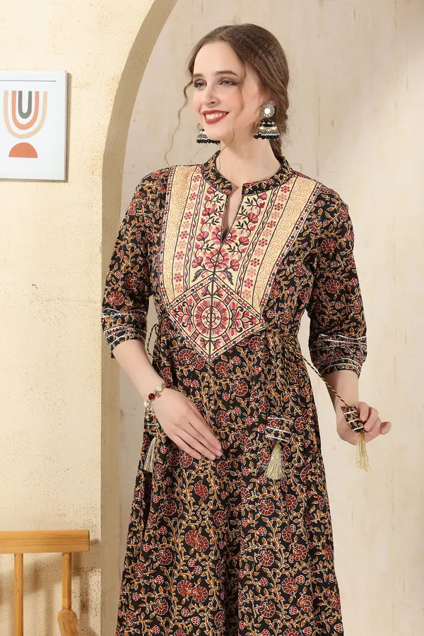 Black_Cotton_Paisely_Print_Anarkali_With_Embroidery_Yoke_and_Tussles