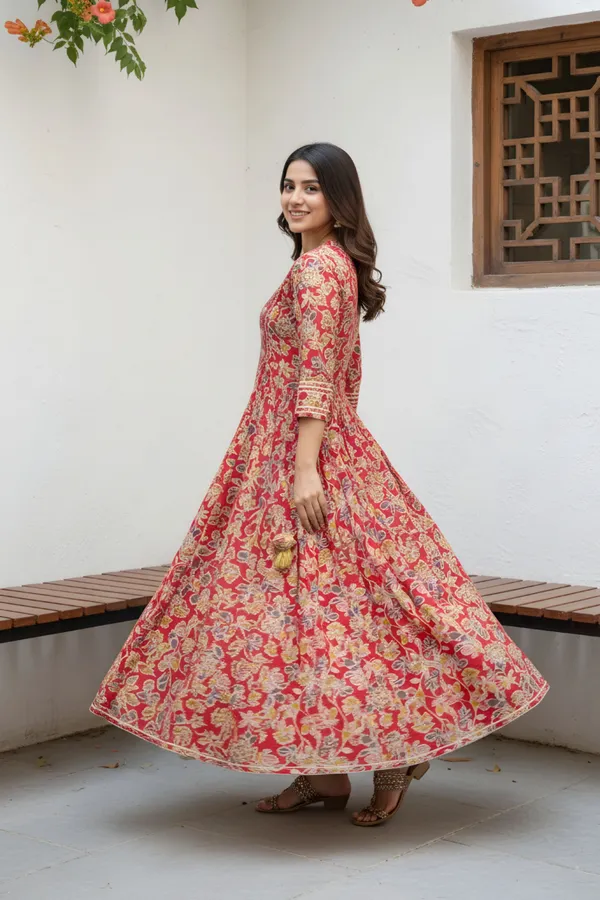 Red_Cotton_Flower_Print_Anarkali_With_Embroidery_Yoke_and_Tussles
