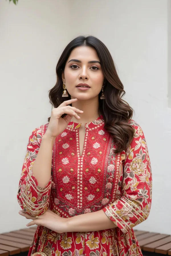 Red_Cotton_Flower_Print_Anarkali_With_Embroidery_Yoke_and_Tussles