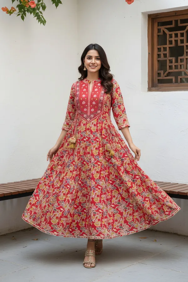 Red_Cotton_Flower_Print_Anarkali_With_Embroidery_Yoke_and_Tussles