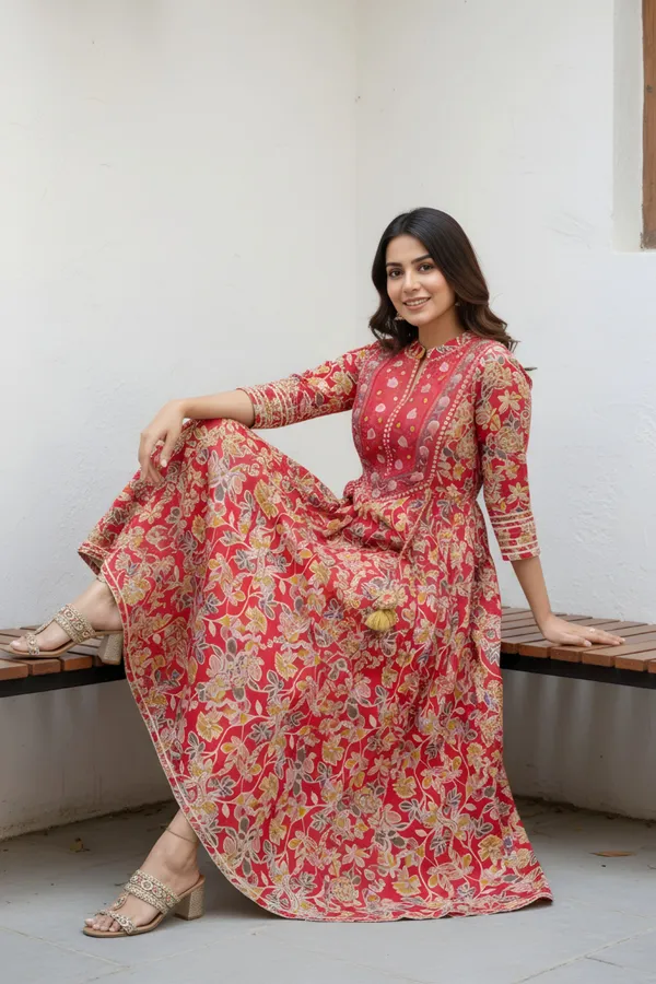 Red_Cotton_Flower_Print_Anarkali_With_Embroidery_Yoke_and_Tussles