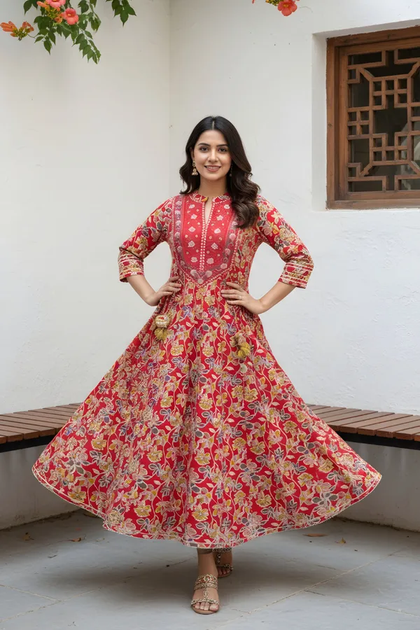 Red_Cotton_Flower_Print_Anarkali_With_Embroidery_Yoke_and_Tussles