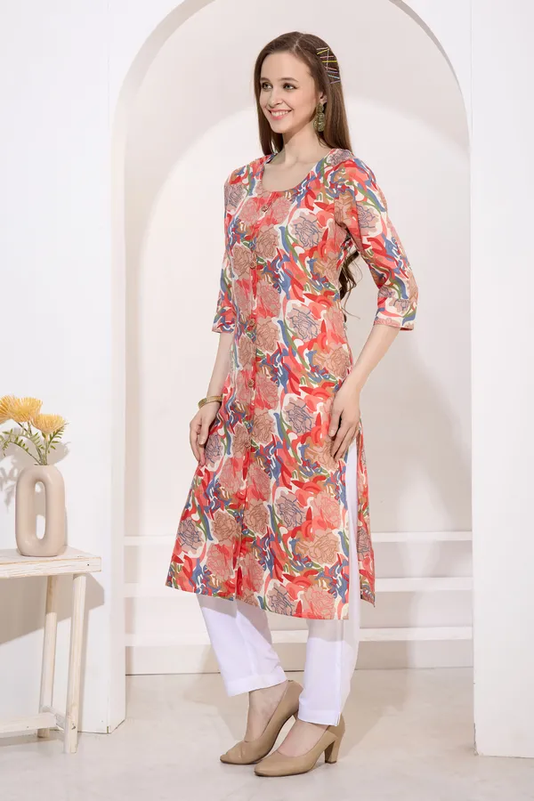 Tomato_Linen_Cotton_Round_Neck_Women_Long_Kurta