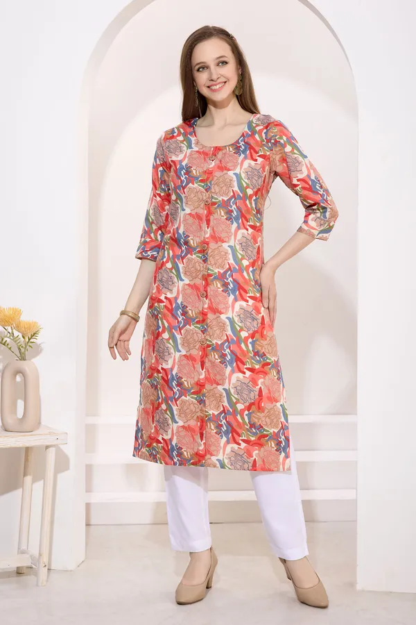 Tomato_Linen_Cotton_Round_Neck_Women_Long_Kurta