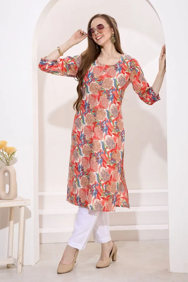 Tomato_Linen_Cotton_Round_Neck_Women_Long_Kurta