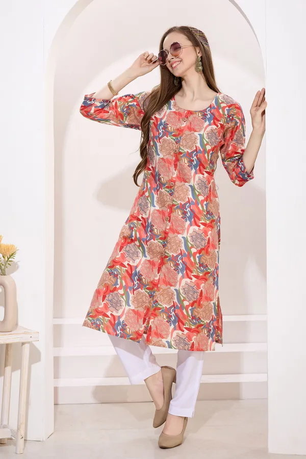 Tomato_Linen_Cotton_Round_Neck_Women_Long_Kurta