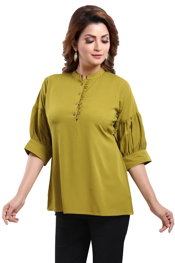 Green_Poly_Crepe_Office_Wear_Short_Tunic_Top