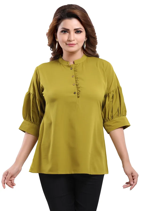 Green_Poly_Crepe_Office_Wear_Short_Tunic_Top