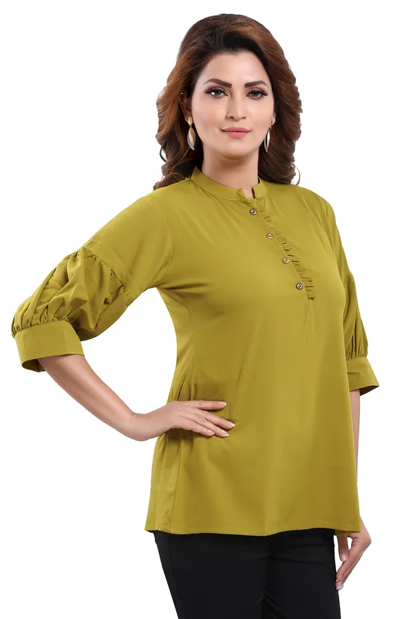 Green_Poly_Crepe_Office_Wear_Short_Tunic_Top