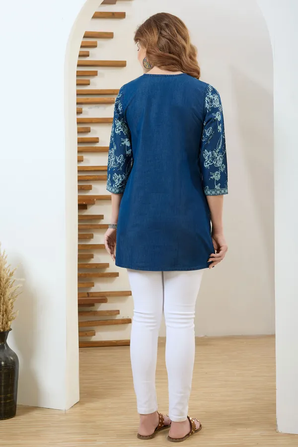Trendy_Denim_V_Neck_Blue_Rose_Print_With_Thread_Work_Short_Tunic