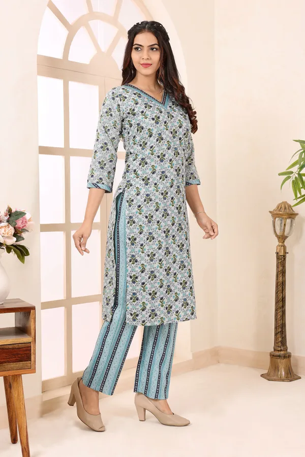 Blue_Clue_V_Neck_Kurti_Pant_Suit_For_Women