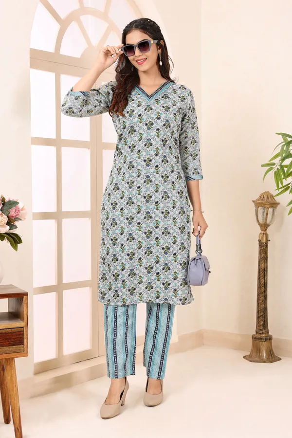 Blue_Clue_V_Neck_Kurti_Pant_Suit_For_Women