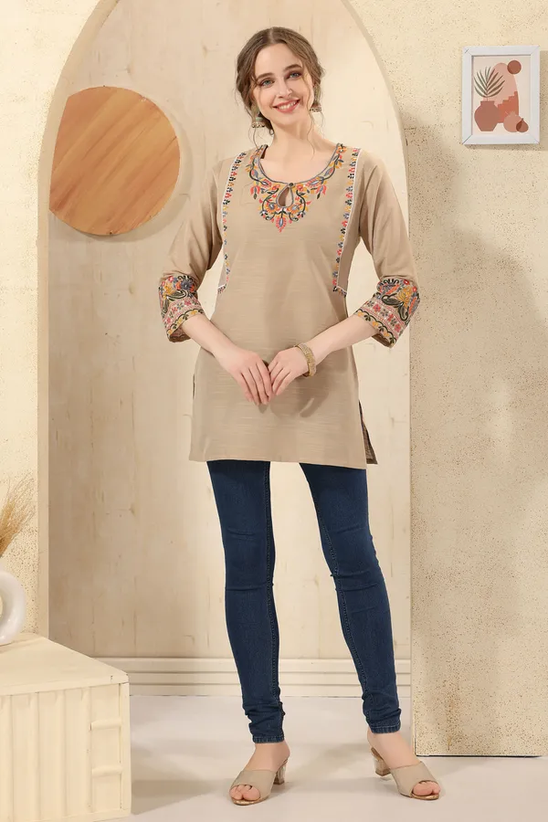 Beige_Raw_Silk_Short_Tunic_with_Colorful_Elegant_Embroidery