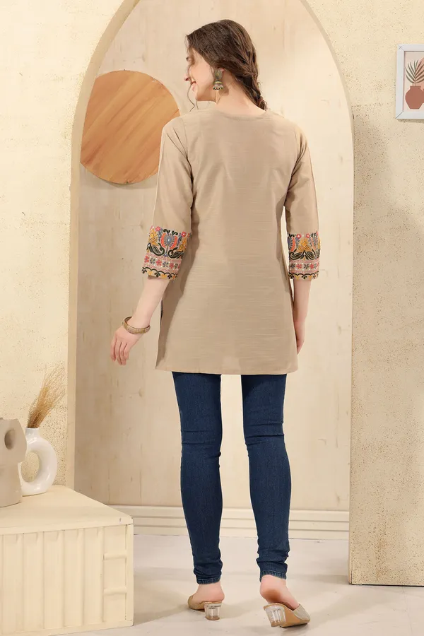 Beige_Raw_Silk_Short_Tunic_with_Colorful_Elegant_Embroidery