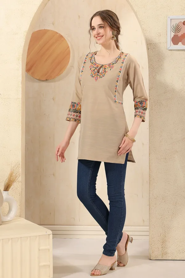 Beige_Raw_Silk_Short_Tunic_with_Colorful_Elegant_Embroidery