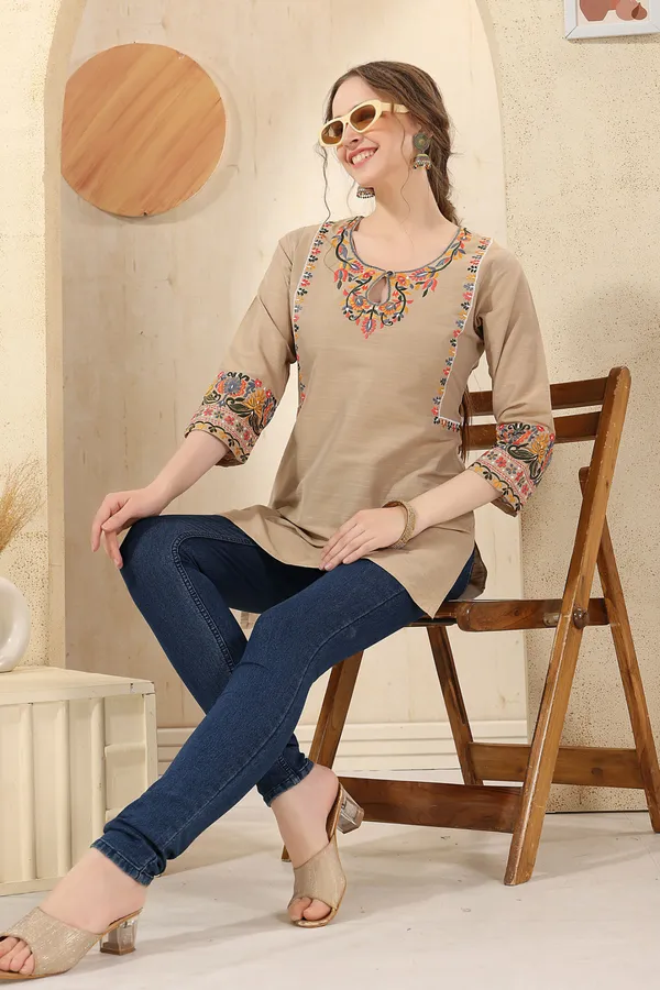 Beige_Raw_Silk_Short_Tunic_with_Colorful_Elegant_Embroidery