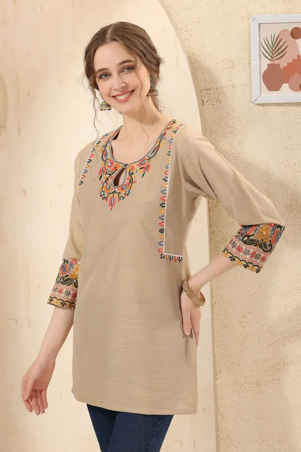 Beige_Raw_Silk_Short_Tunic_with_Colorful_Elegant_Embroidery