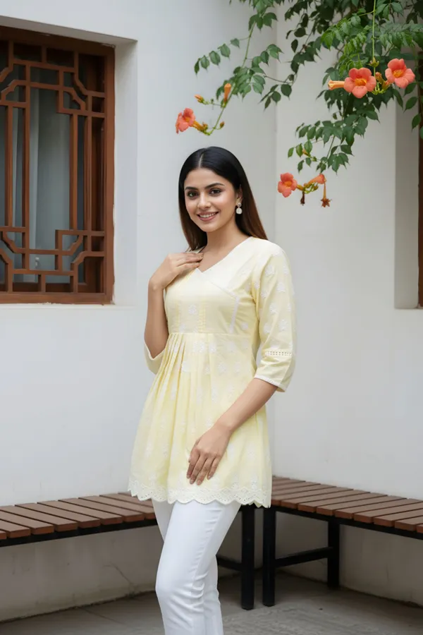 Elegant_Yellow_Chikankari_Peplum_Top_with_Lace_Embellished_Kedia_Neckline