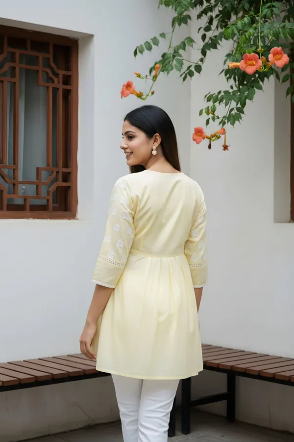 Elegant_Yellow_Chikankari_Peplum_Top_with_Lace_Embellished_Kedia_Neckline