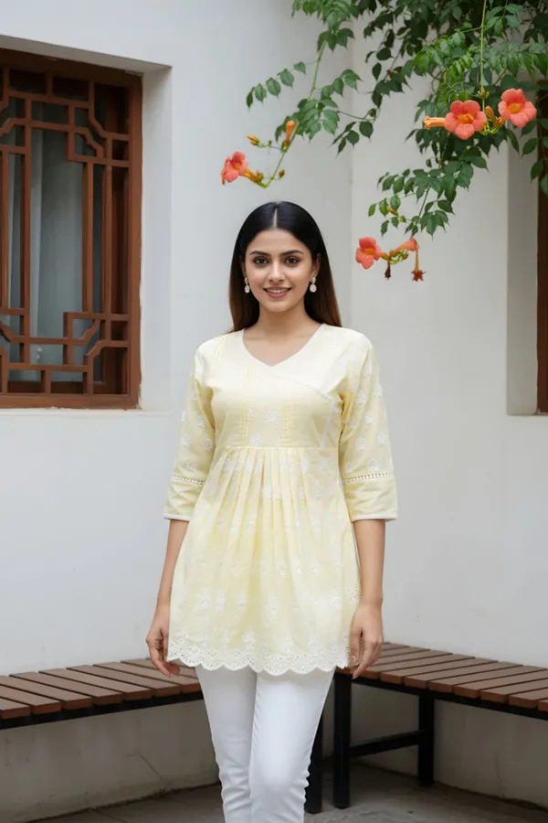 Elegant_Yellow_Chikankari_Peplum_Top_with_Lace_Embellished_Kedia_Neckline