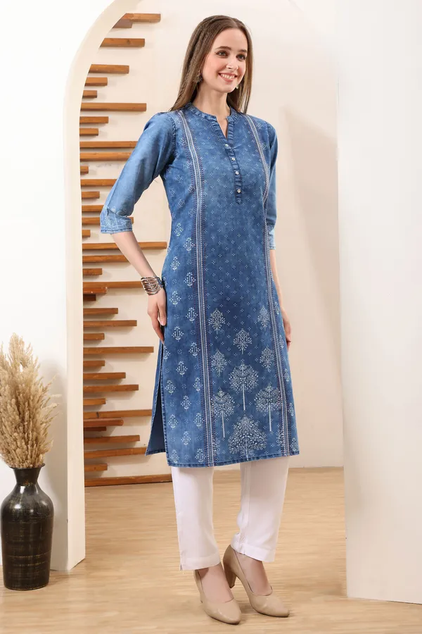 Blue_Long_Denim_Kurta_With_Ethnic_Print_And_Thread_Work