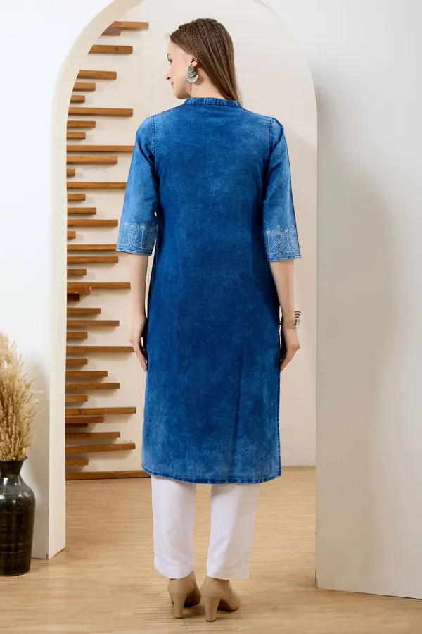 Blue_Long_Denim_Kurta_With_Ethnic_Print_And_Thread_Work