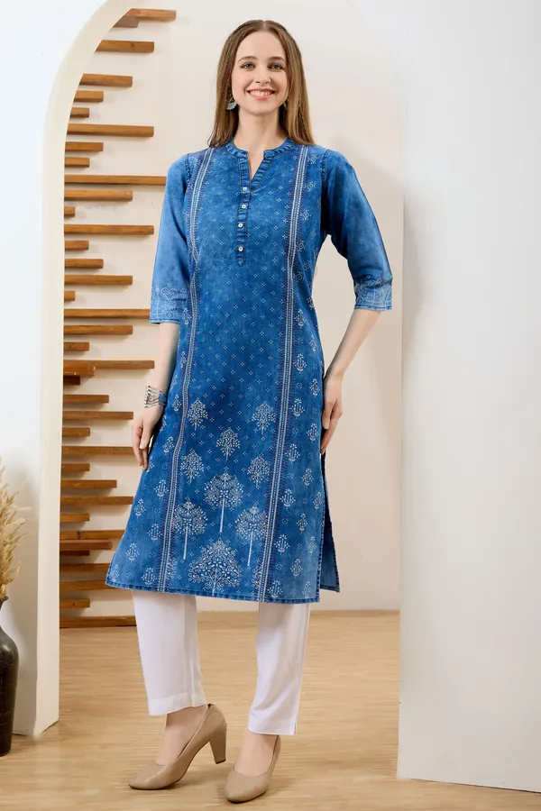 Blue_Long_Denim_Kurta_With_Ethnic_Print_And_Thread_Work