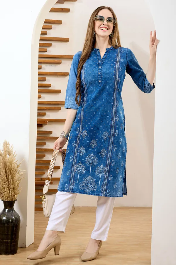 Blue_Long_Denim_Kurta_With_Ethnic_Print_And_Thread_Work