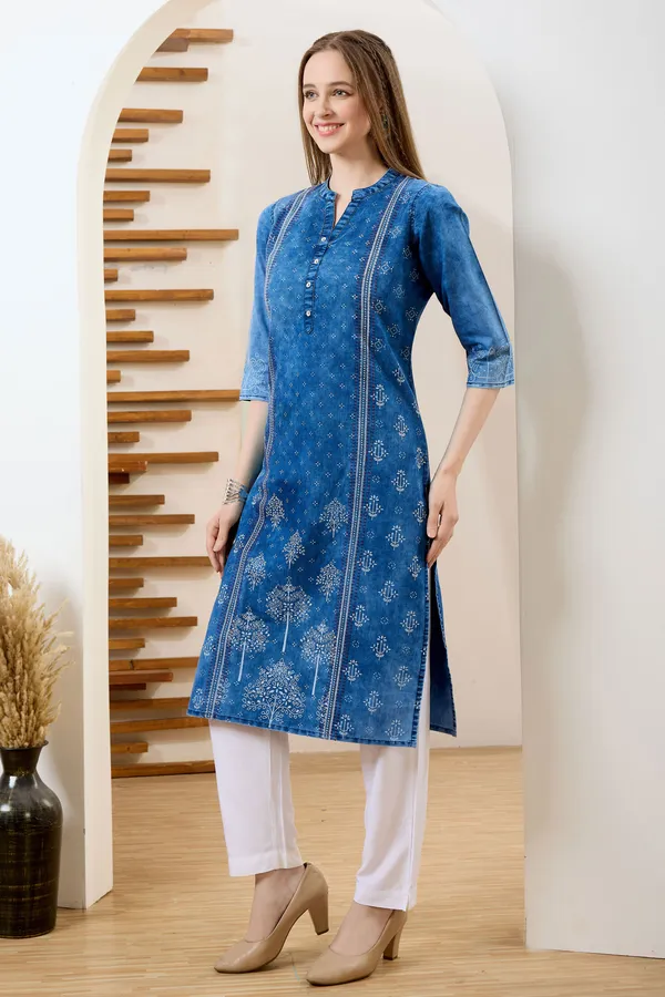 Blue_Long_Denim_Kurta_With_Ethnic_Print_And_Thread_Work