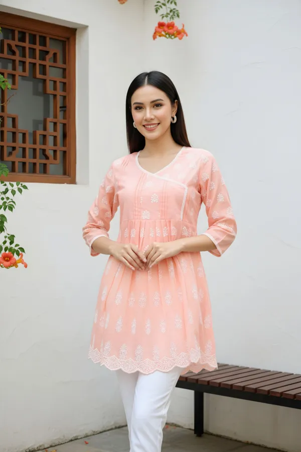 Elegant_Peatch_Chikankari_Peplum_Top_with_Lace_Embellished_Kedia_Neckline
