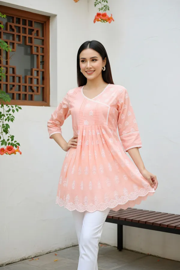 Elegant_Peatch_Chikankari_Peplum_Top_with_Lace_Embellished_Kedia_Neckline