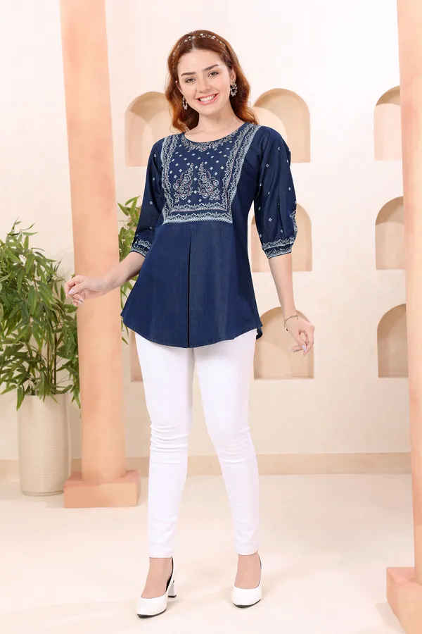 Trendy_Round_Neck_Denim_Tunic_With_Hand_Embroidery