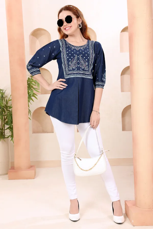 Trendy_Round_Neck_Denim_Tunic_With_Hand_Embroidery