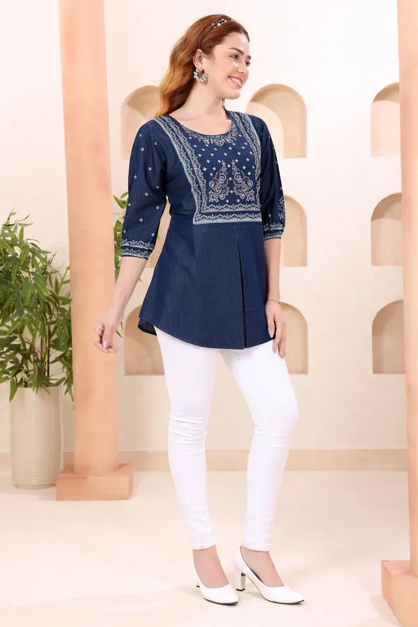 Trendy_Round_Neck_Denim_Tunic_With_Hand_Embroidery