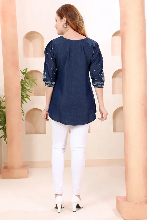 Trendy_Round_Neck_Denim_Tunic_With_Hand_Embroidery