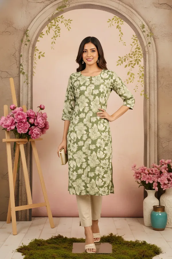 Green_Flower_Print_Linen_Cotton_Women_Long_Kurta_With_Round_Neck