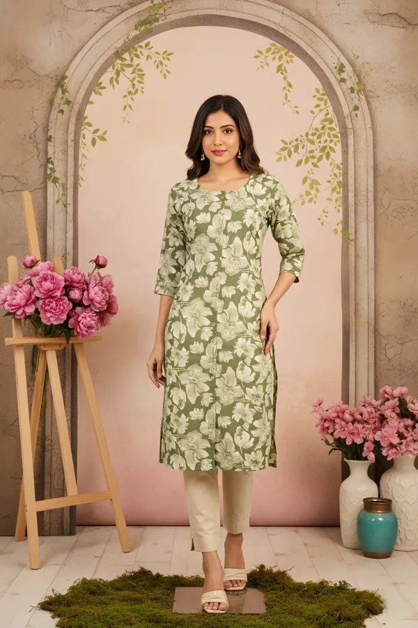 Green_Flower_Print_Linen_Cotton_Women_Long_Kurta_With_Round_Neck