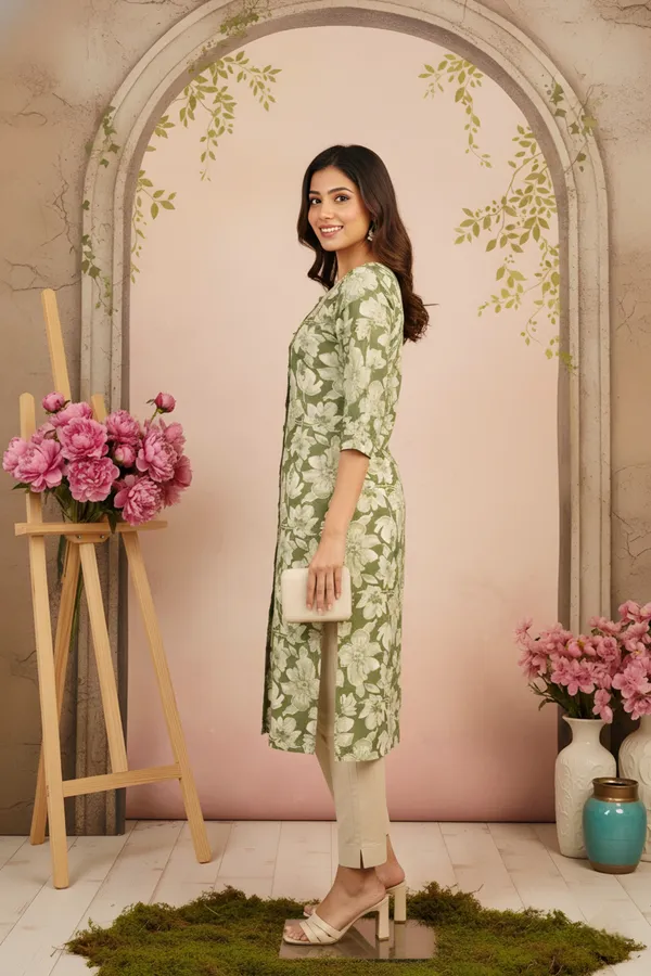 Green_Flower_Print_Linen_Cotton_Women_Long_Kurta_With_Round_Neck