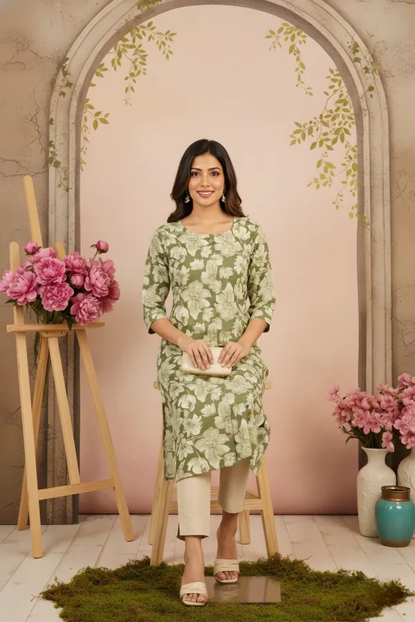 Green_Flower_Print_Linen_Cotton_Women_Long_Kurta_With_Round_Neck