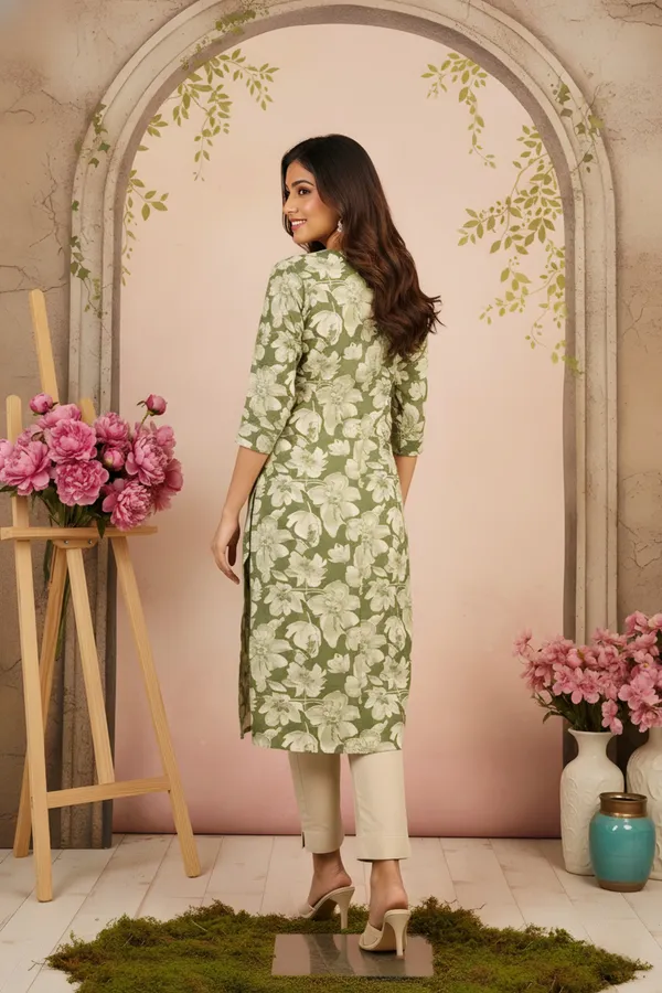 Green_Flower_Print_Linen_Cotton_Women_Long_Kurta_With_Round_Neck