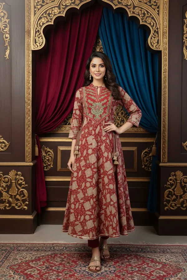 Rust_Cotton_Anarkali_With_Embroidery_Yoke_and_Tussles
