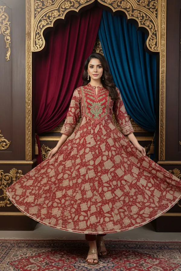 Rust_Cotton_Anarkali_With_Embroidery_Yoke_and_Tussles