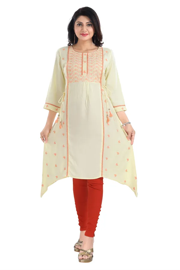 Yellow_Rayon_Long_Kurti_Tunic_With_Chicken_Embroidery