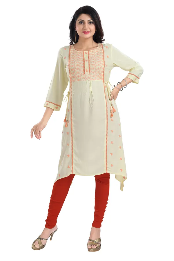 Yellow_Rayon_Long_Kurti_Tunic_With_Chicken_Embroidery