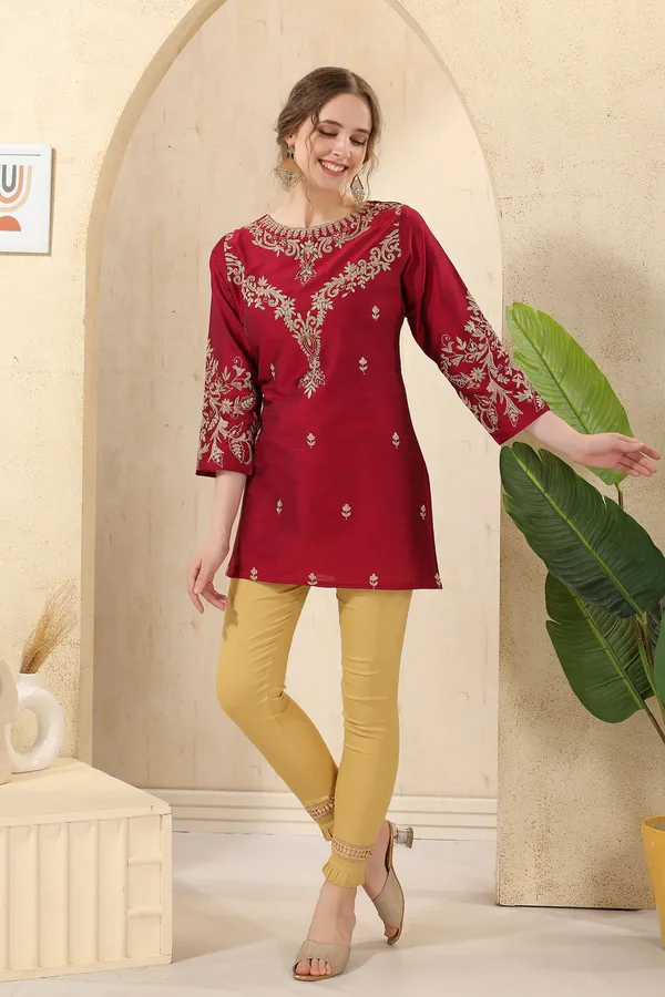 Raw_Silk_Magenta_Short_Tunic_with_Elegant_Golden_Embroidery