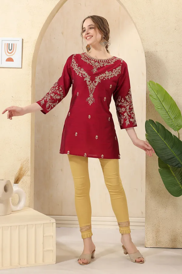Raw_Silk_Magenta_Short_Tunic_with_Elegant_Golden_Embroidery
