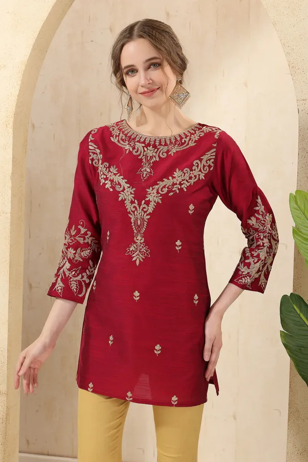 Raw_Silk_Magenta_Short_Tunic_with_Elegant_Golden_Embroidery