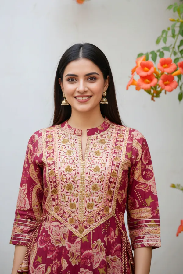Maroon_Jaipuri_Cotton_Anarkali_With_Embroidery_Yoke_and_Tussles